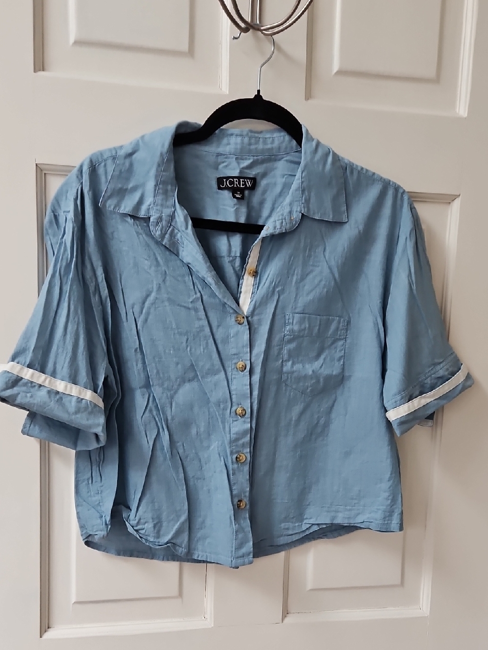 J.Crew Light Blue Chambray Button-Front Short Sleeve Shirt with White Trim